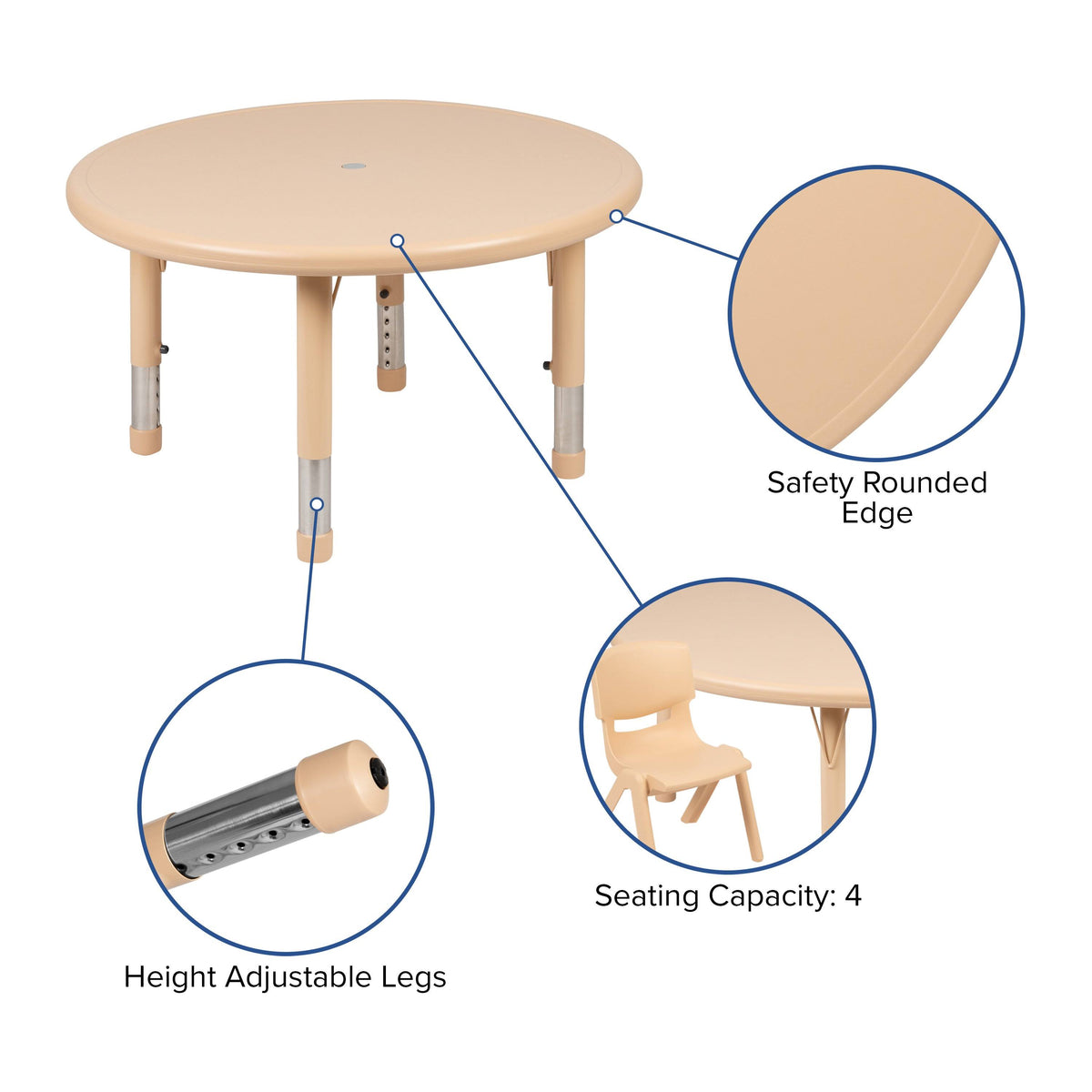 33x22 Round Natural Plastic Height Adjustable Activity Table H956833