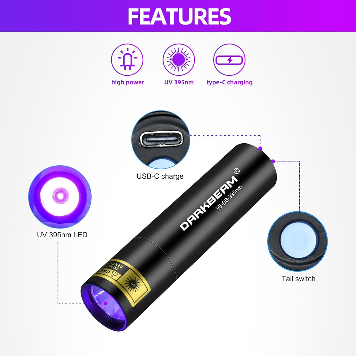 395nm UV Flashlight USB-C LED Rechargeable Blacklight U897