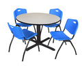 48x22 Round Breakroom Table Maple and 4 Stack Chairs Blue D357