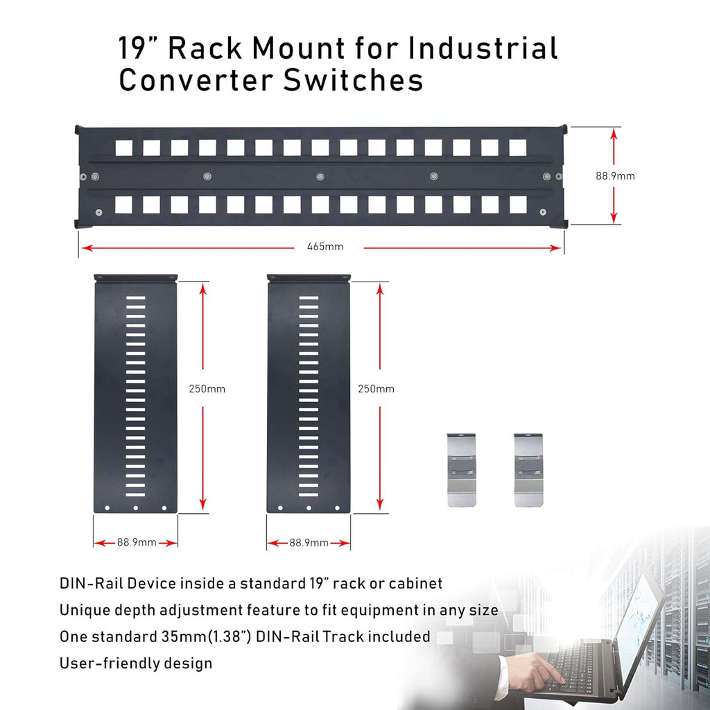 19 Inches Adjustable DIN-Rail Rack Mount Bracket 2U Black G602