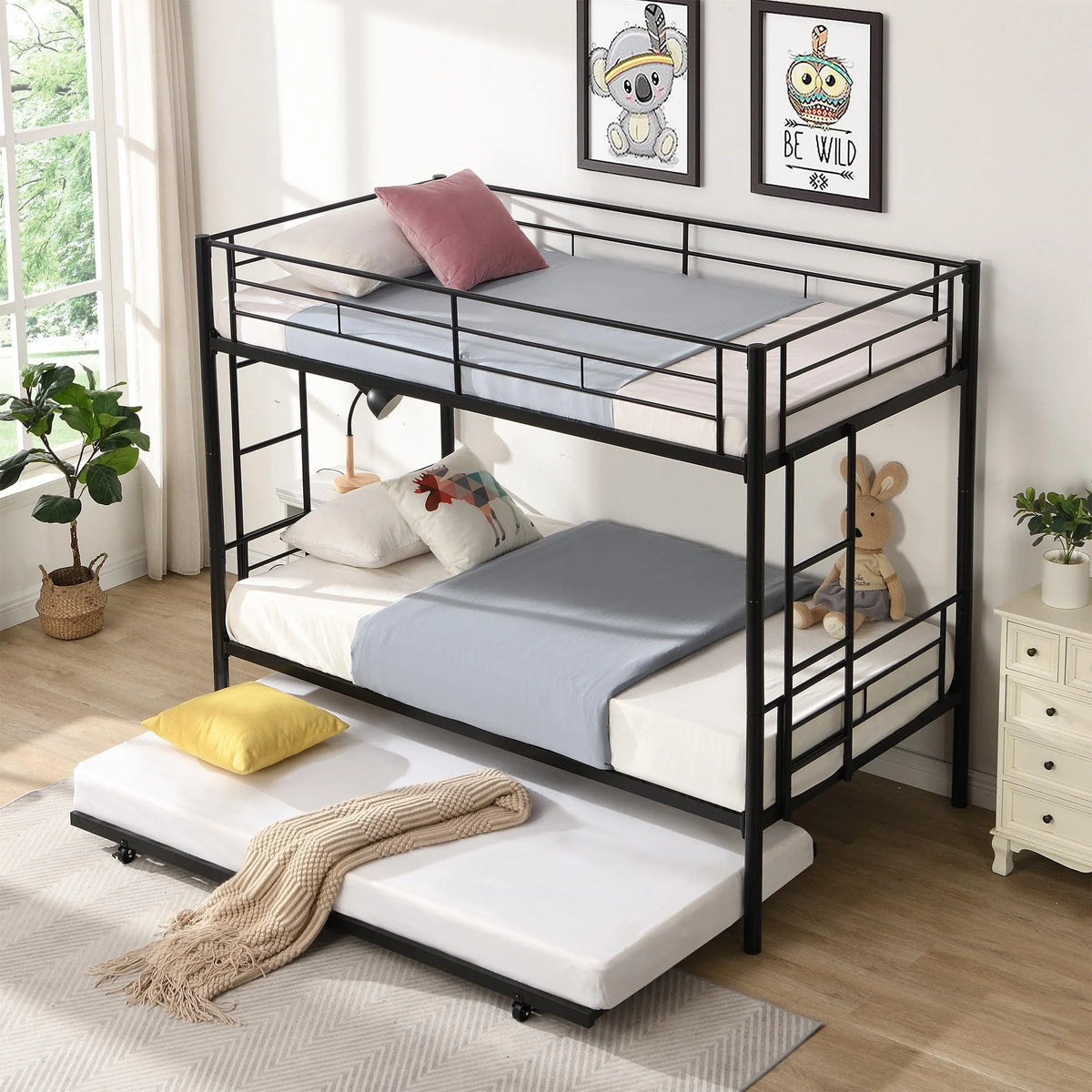 Black Twin Over Twin Metal Bunk Bed with Trundle and Safety Rails P7702