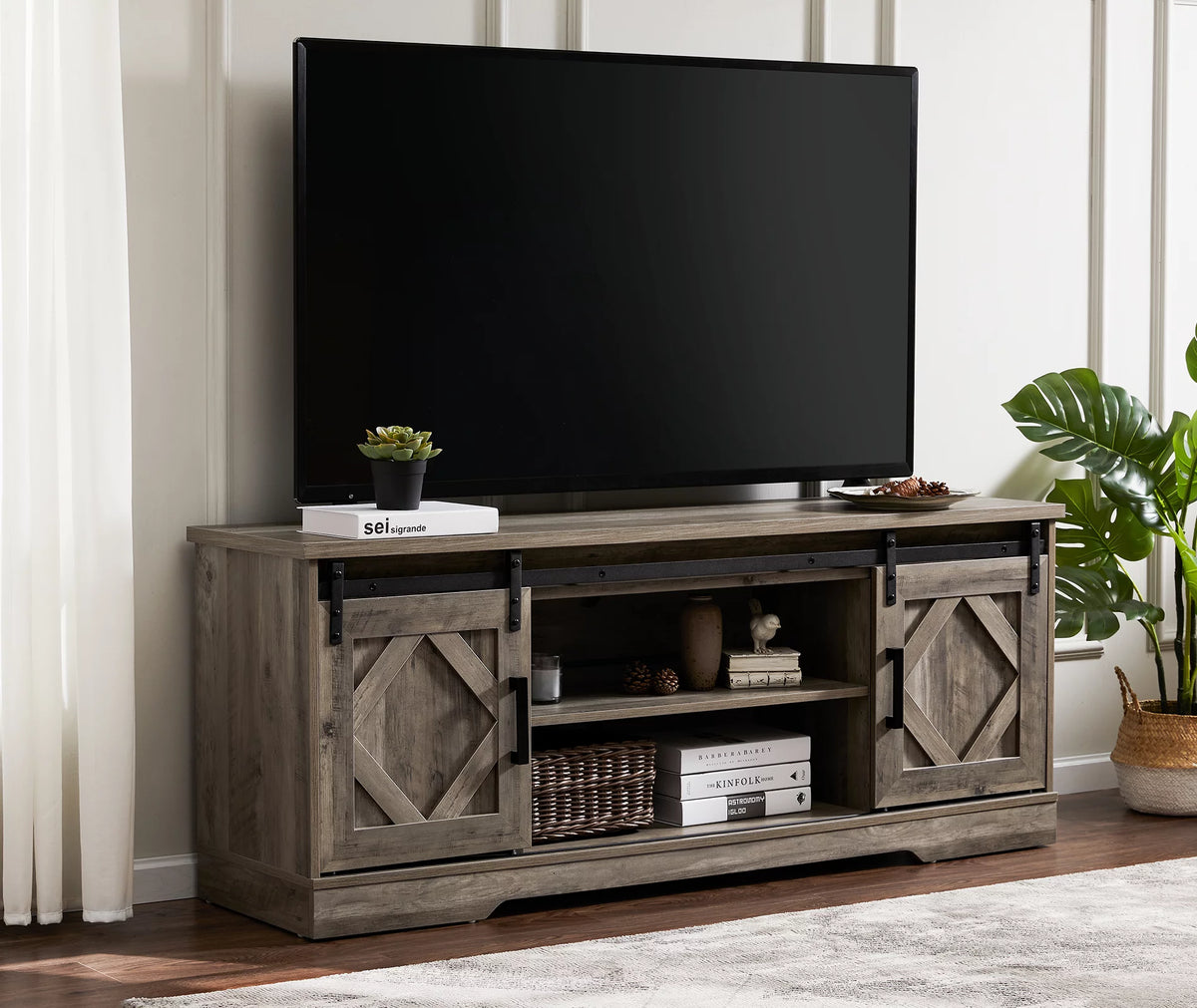 Farmhouse TV Stand up to 70" Barn Door Media Console Storage Cabinet in Gray W5451
