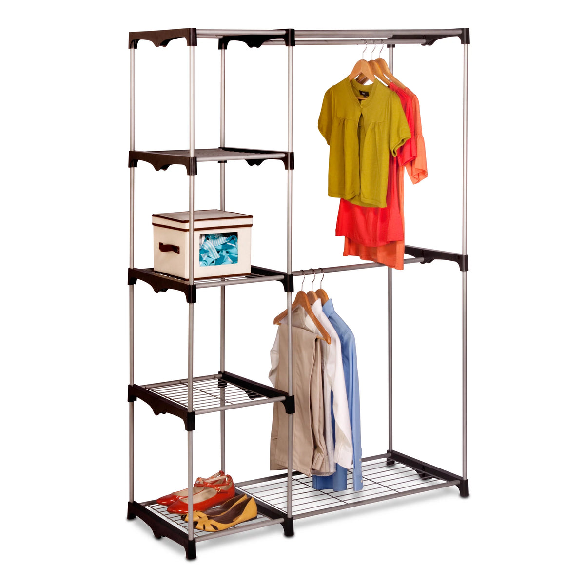 Steel and Plastic Double Rod Freestanding Closet with 4 Shelves D915