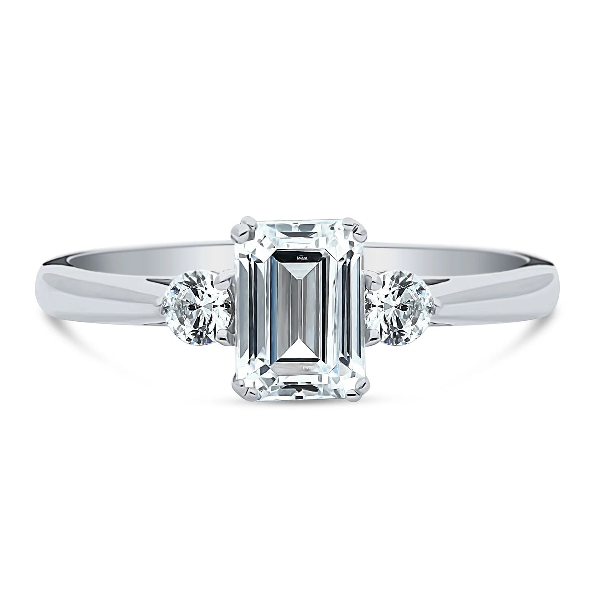 Sterling Silver 3-Stone Emerald Cut Cubic Zirconia Ring, Rhodium Plated Size 4.5 D11204