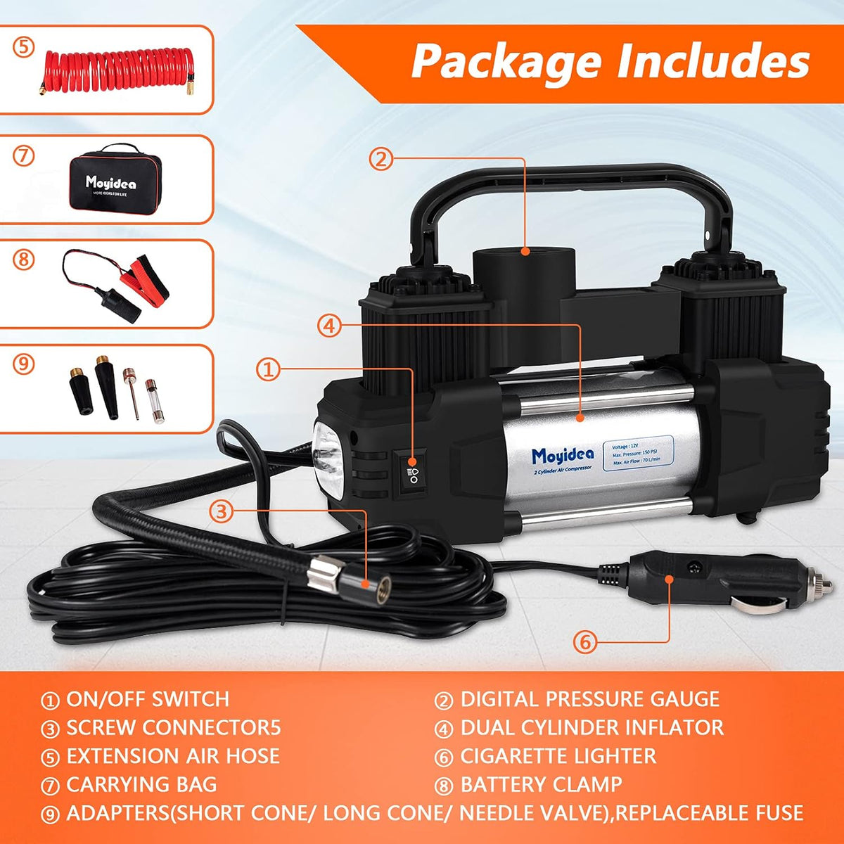 12V Double Cylinder Portable Air Compressor Tire Inflator with Pressure Gauge F387