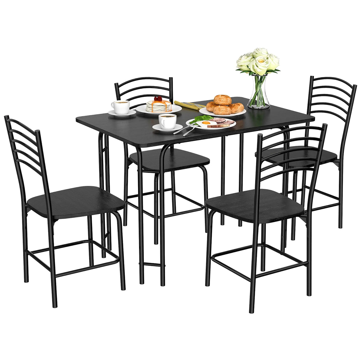 5 Pcs Modern Dining Table Set 4 Chairs Steel Frame Black N851037
