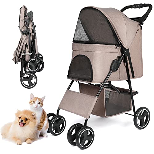 Navy Blue Four Wheels Pet Dog Stroller with Storage Basket P419791