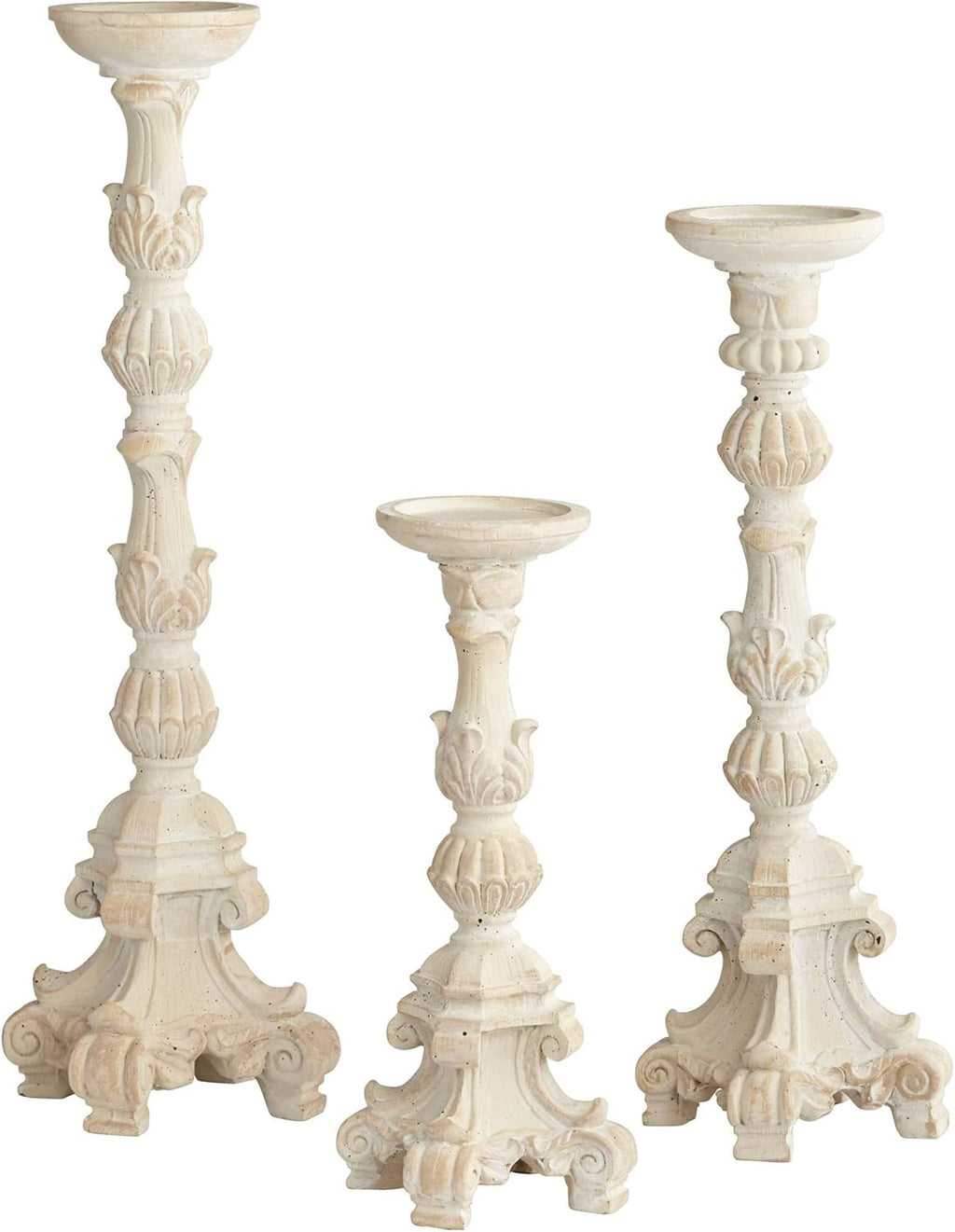 Whitewashed Carved Pillar Candle Holders Set of 3 K8787