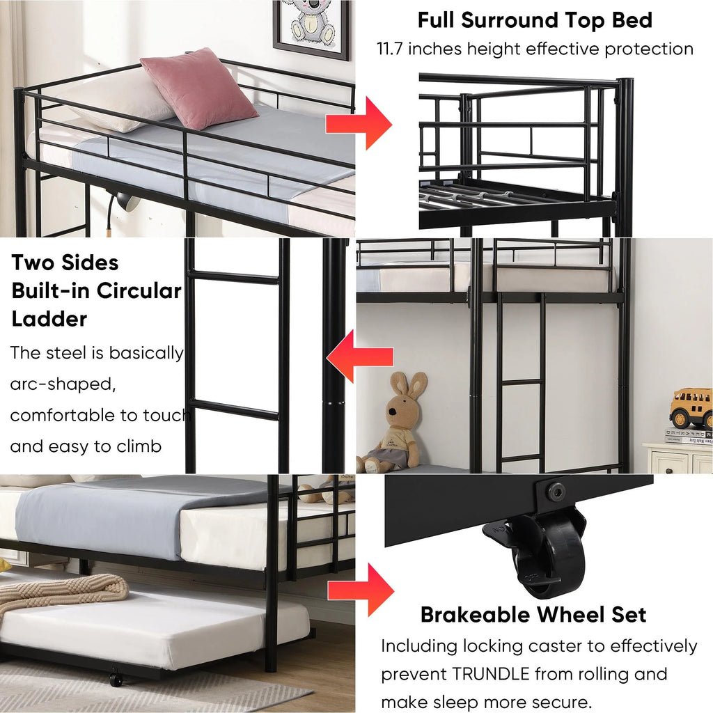 Black Twin Over Twin Metal Bunk Bed with Trundle and Safety Rails P7702