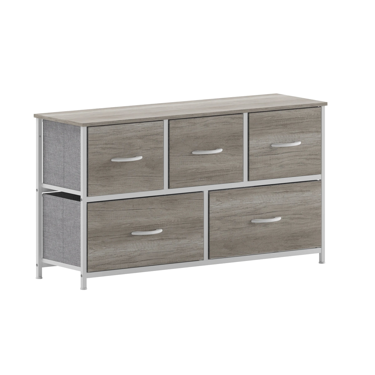 5 Drawer Storage Dresser with White Cast Iron Frame and Light Natural Wood Top J22699