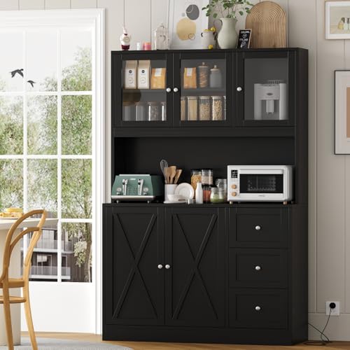 Natural Tall Kitchen Pantry Cabinet with Drawer and Glass Doors B3888