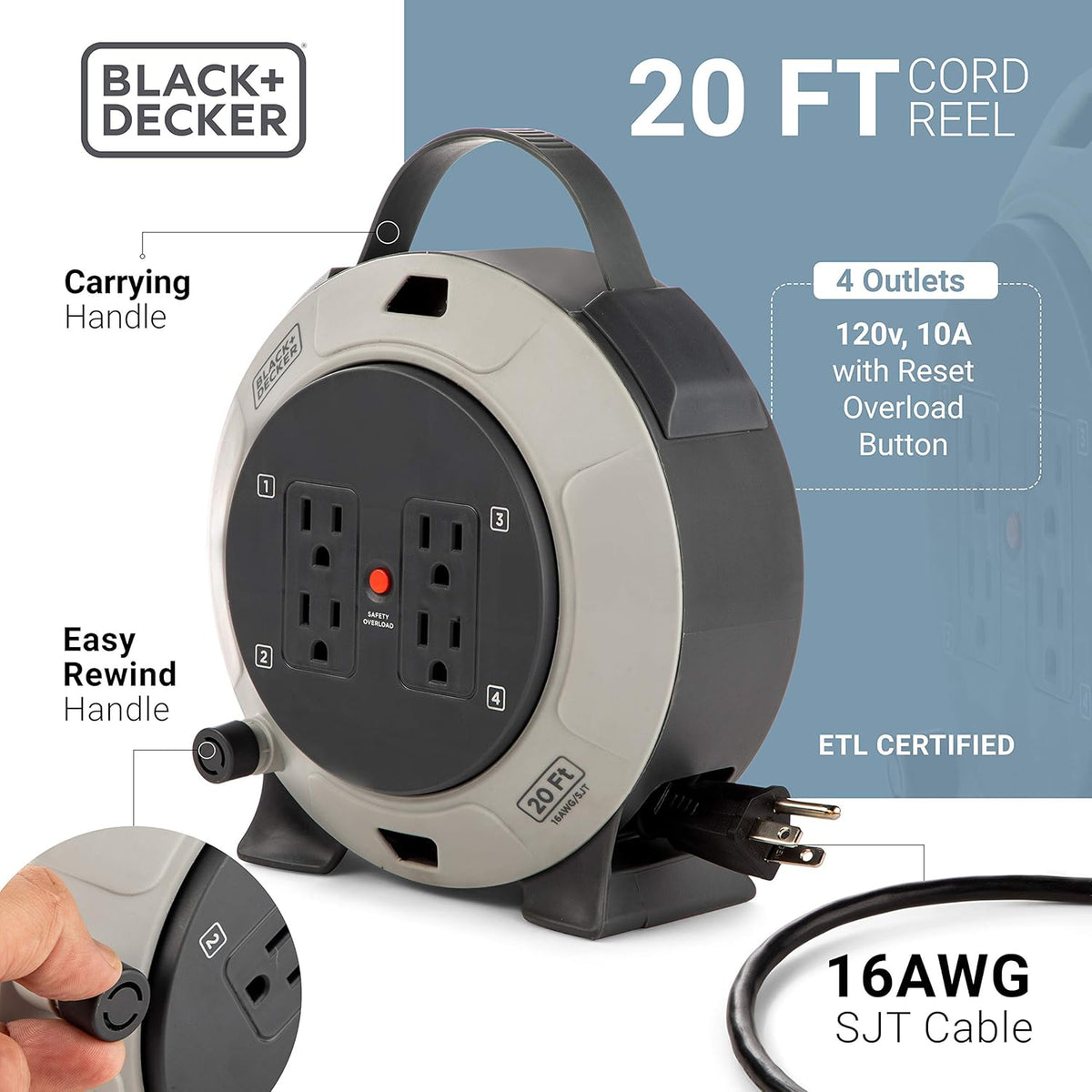 Retractable Extension Cord, 25 ft, 4 Outlets, 2 USB Ports, 16AWG SJT Cable A505468