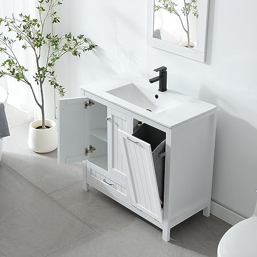 White 36" Bathroom Vanity with Sink and Laundry Hamper, 2 Doors, 1 Drawer D511