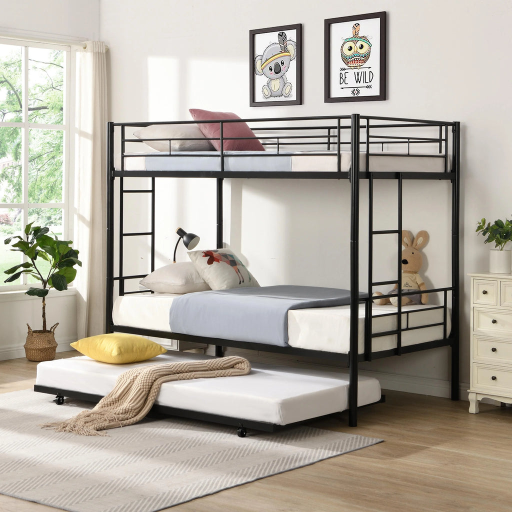 Black Twin Over Twin Metal Bunk Bed with Trundle and Safety Rails P7702