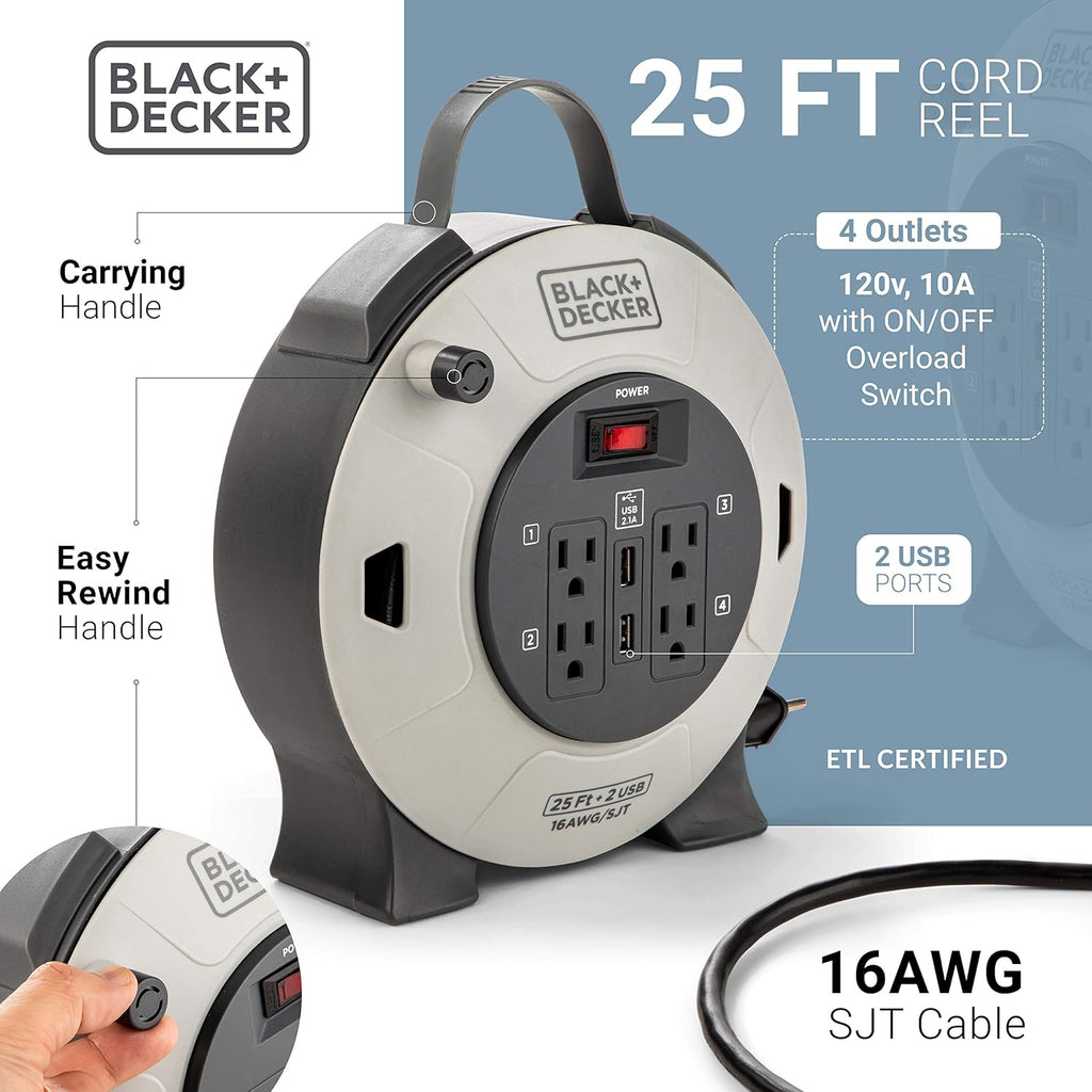 Retractable Extension Cord, 25 ft, 4 Outlets, 2 USB Ports, 16AWG SJT Cable A505468