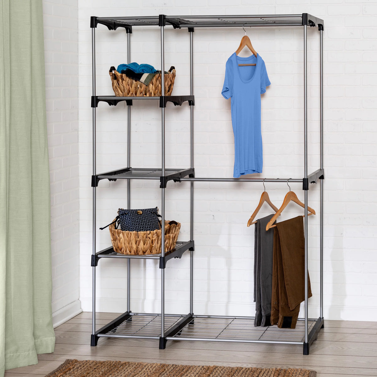 Steel and Plastic Double Rod Freestanding Closet with 4 Shelves D915