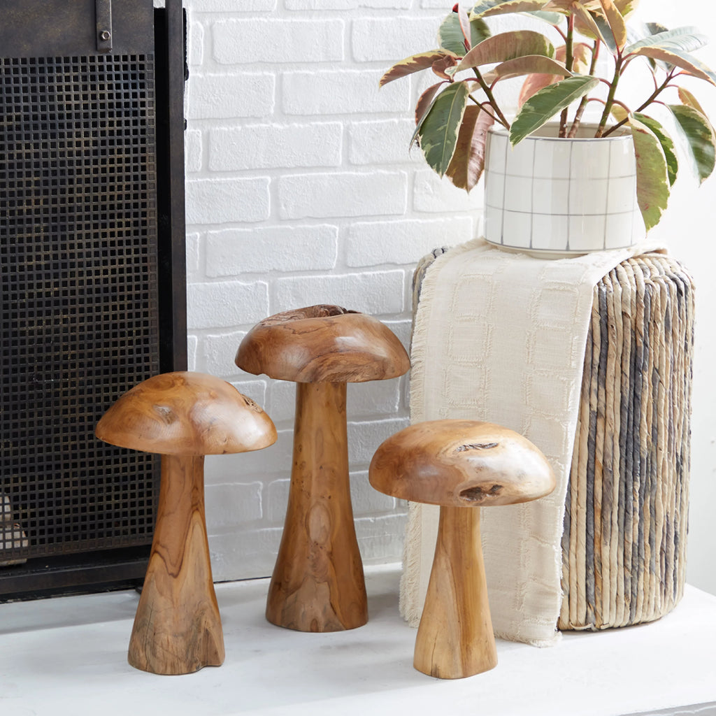 Brown Wood Mushroom Sculpture Set of 3 C2678