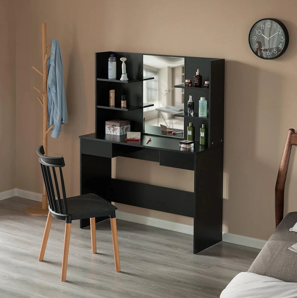 Black Wooden Dressing Table with Drawer, Mirror and Shelves T740