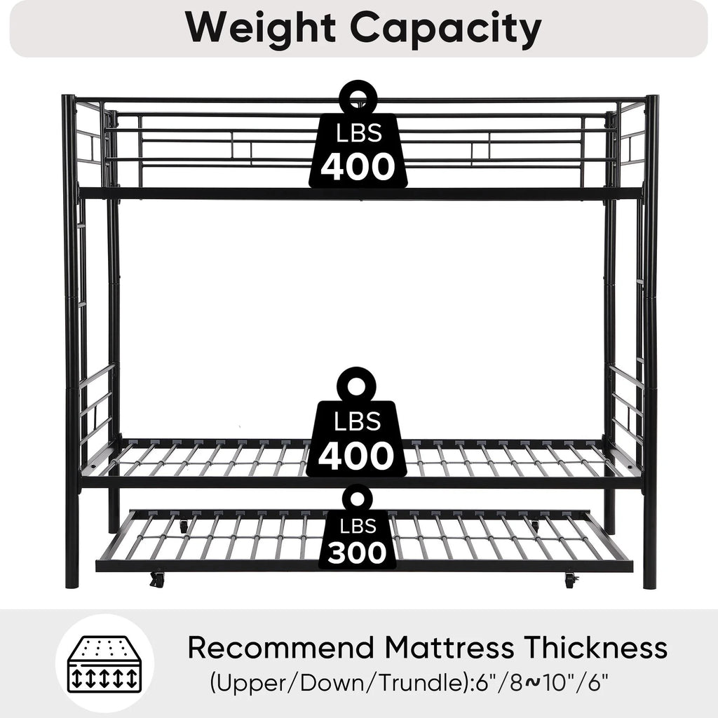 Black Twin Over Twin Metal Bunk Bed with Trundle and Safety Rails P7702