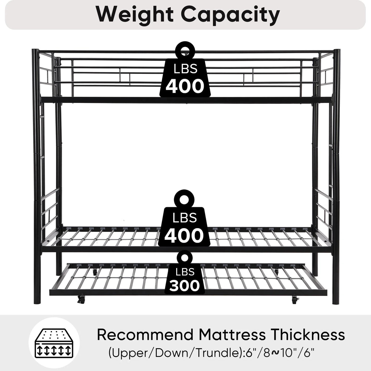 Black Twin Over Twin Metal Bunk Bed with Trundle and Safety Rails P7702