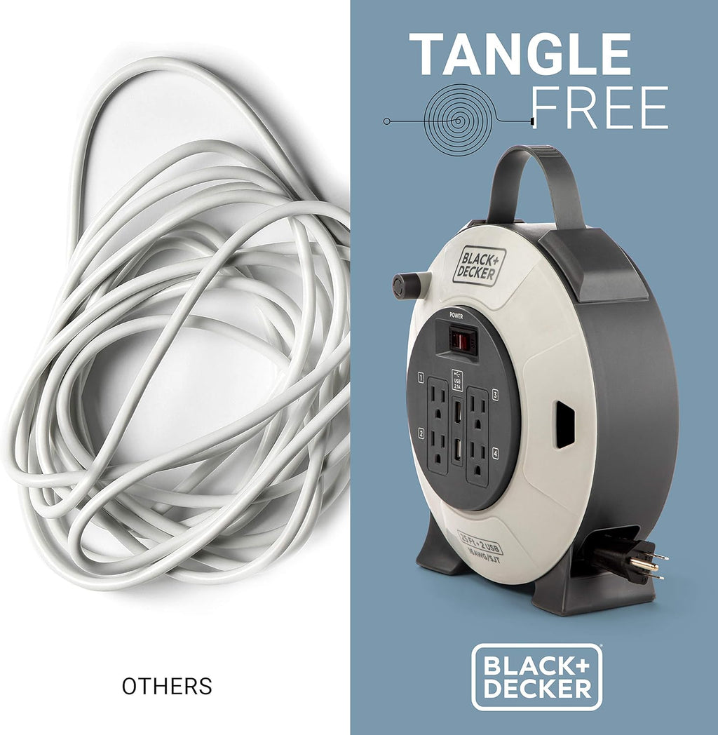 Retractable Extension Cord, 25 ft, 4 Outlets, 2 USB Ports, 16AWG SJT Cable A505468