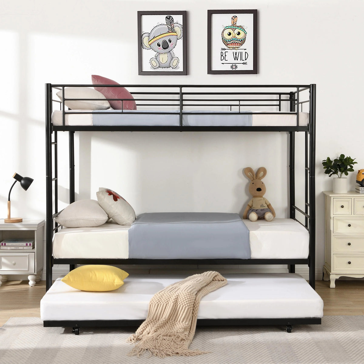 Black Twin Over Twin Metal Bunk Bed with Trundle and Safety Rails P7702