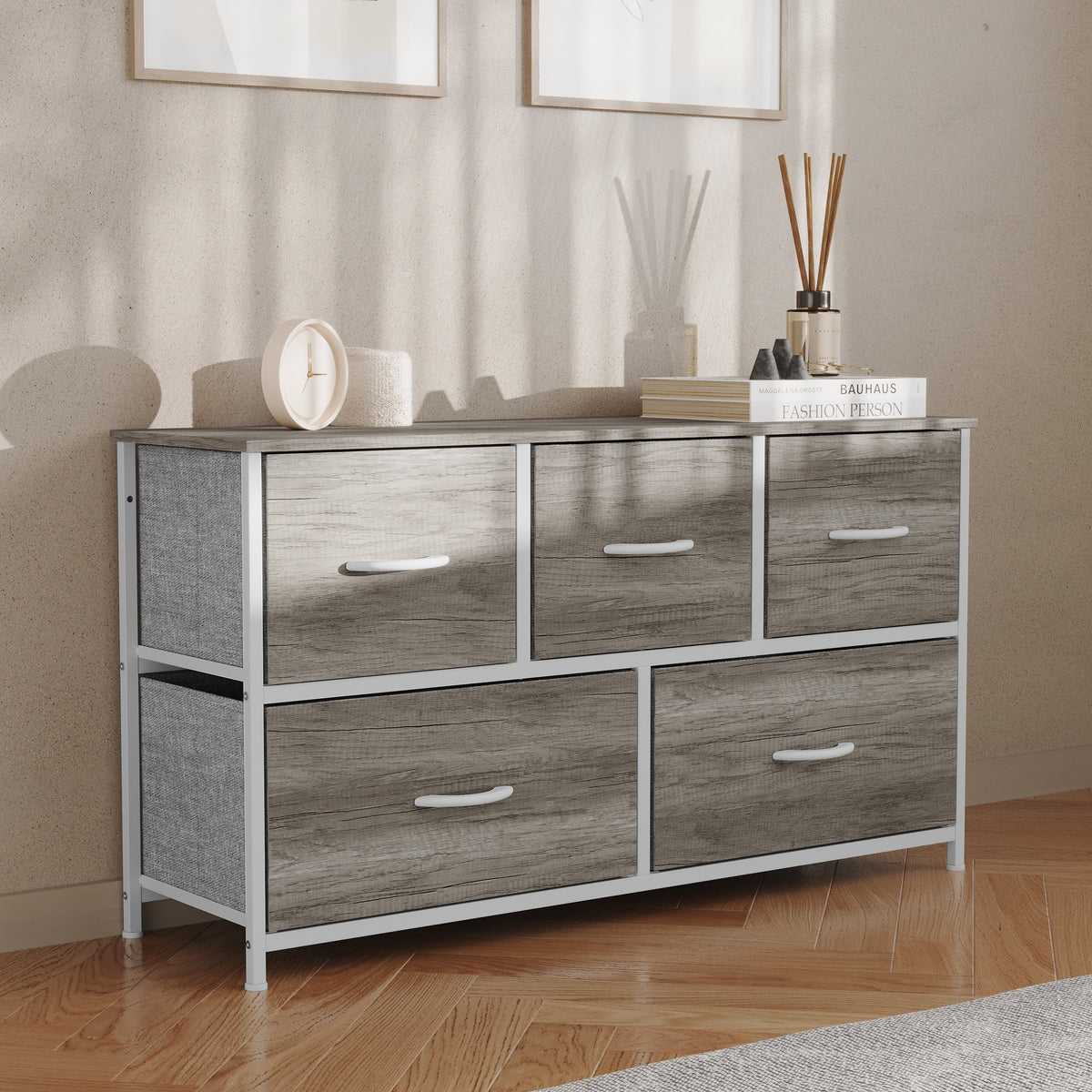 5 Drawer Storage Dresser with White Cast Iron Frame and Light Natural Wood Top J22699