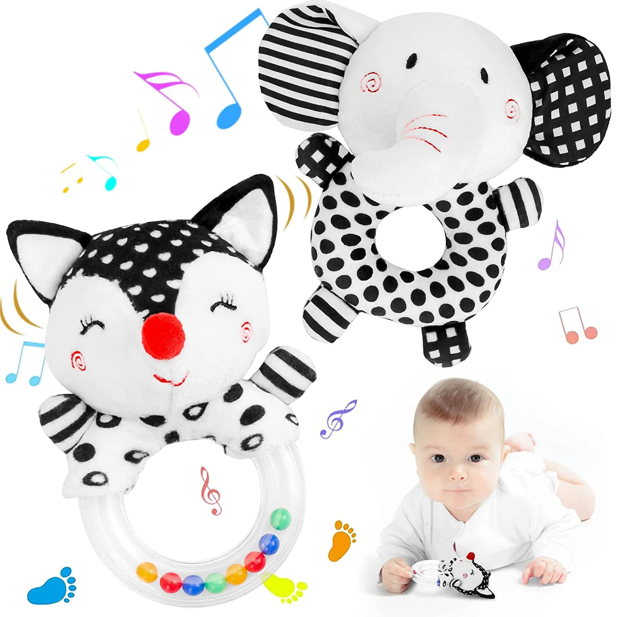 2PCS Black and White Soft Plush Baby Rattles J97893