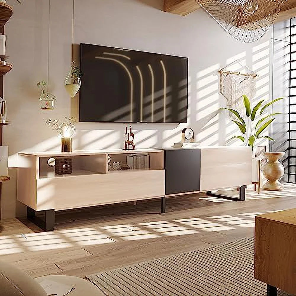 Modern Wooden TV Stand with 3 Cabinets and Open Shelves Q4671