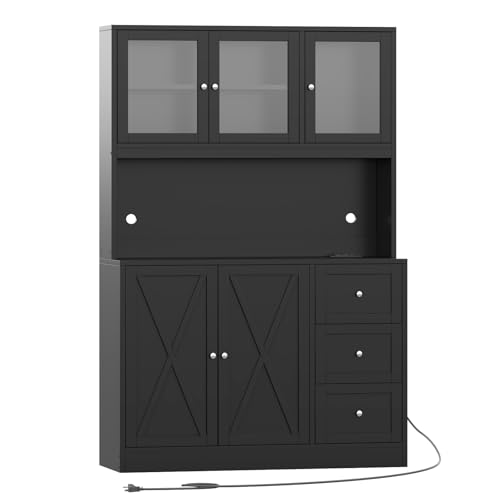 Natural Tall Kitchen Pantry Cabinet with Drawer and Glass Doors B3888
