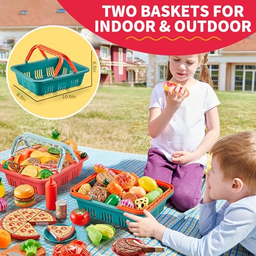 80PC Pretend Food with 2 Kids Picnic Basket, Plastic Food Cutting Toys N59505