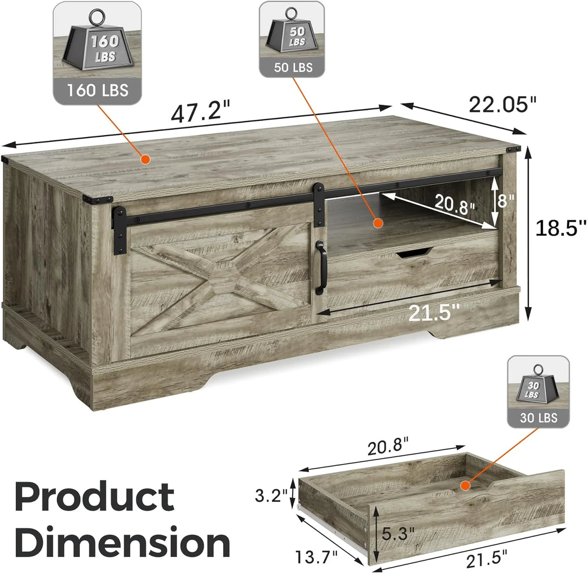 48" Wood Coffee Table with Sliding Barn Door X23406