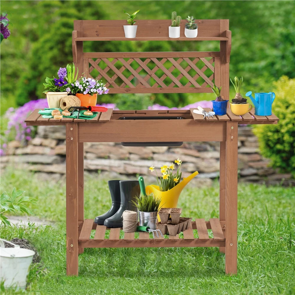 Wooden Potting Bench with Sliding Tabletop E988878
