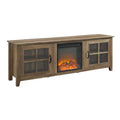 70x22 Wide Glass Wood and Metal Media Cabinet with Fireplace Rustic Oak K5435