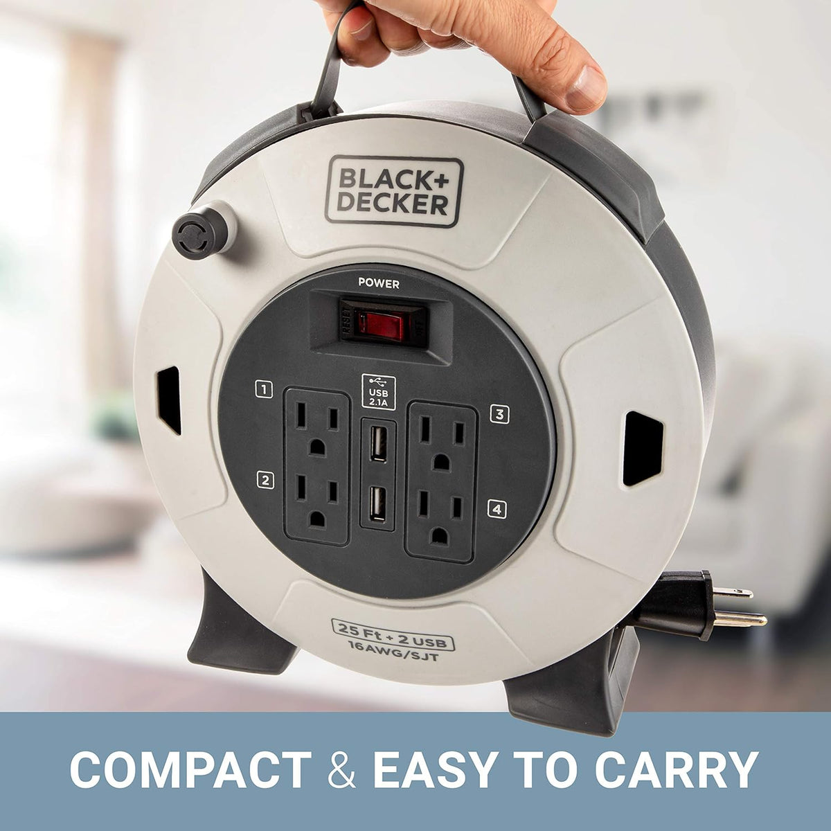 Retractable Extension Cord, 25 ft, 4 Outlets, 2 USB Ports, 16AWG SJT Cable A505468