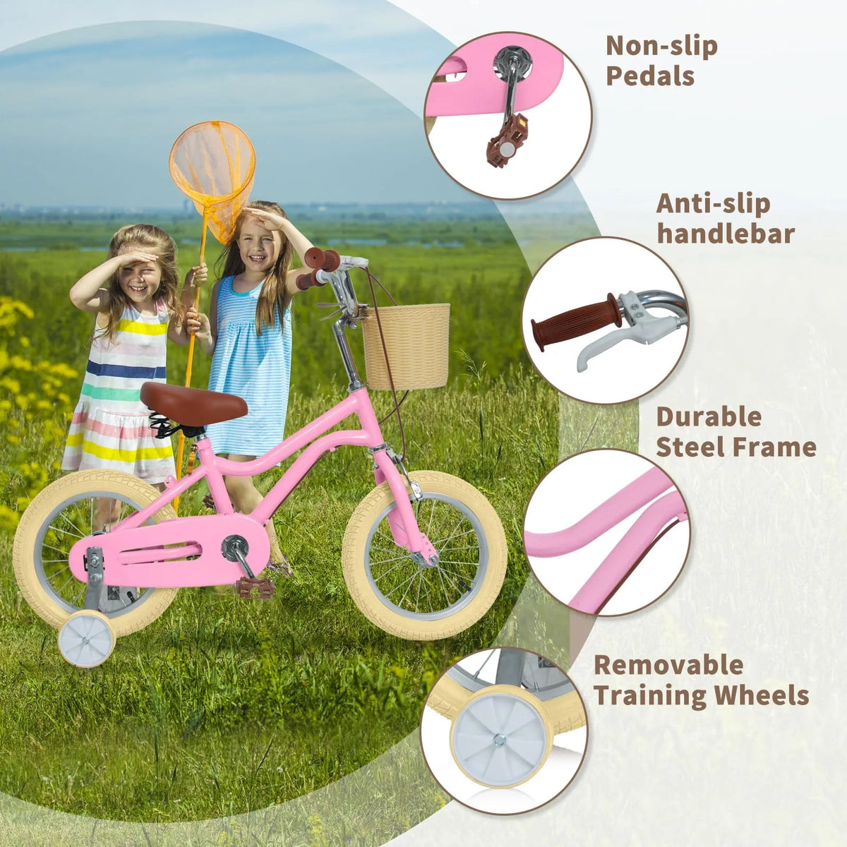 16 Inch Kids Bike with Handbrake Basket Training Wheels Yellow X295825