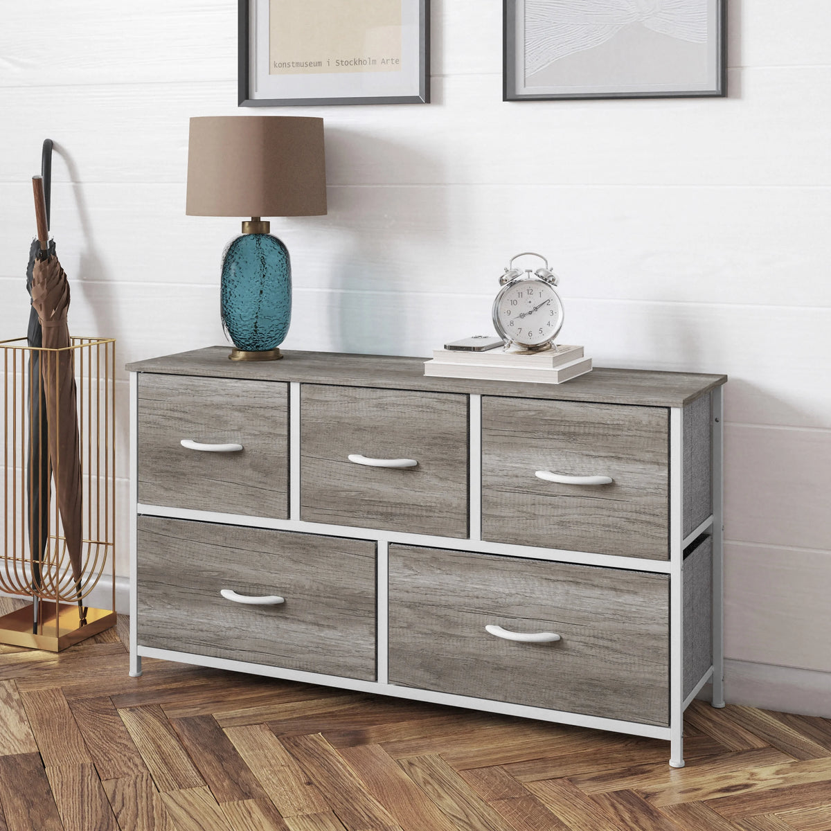 5 Drawer Storage Dresser with White Cast Iron Frame and Light Natural Wood Top J22699