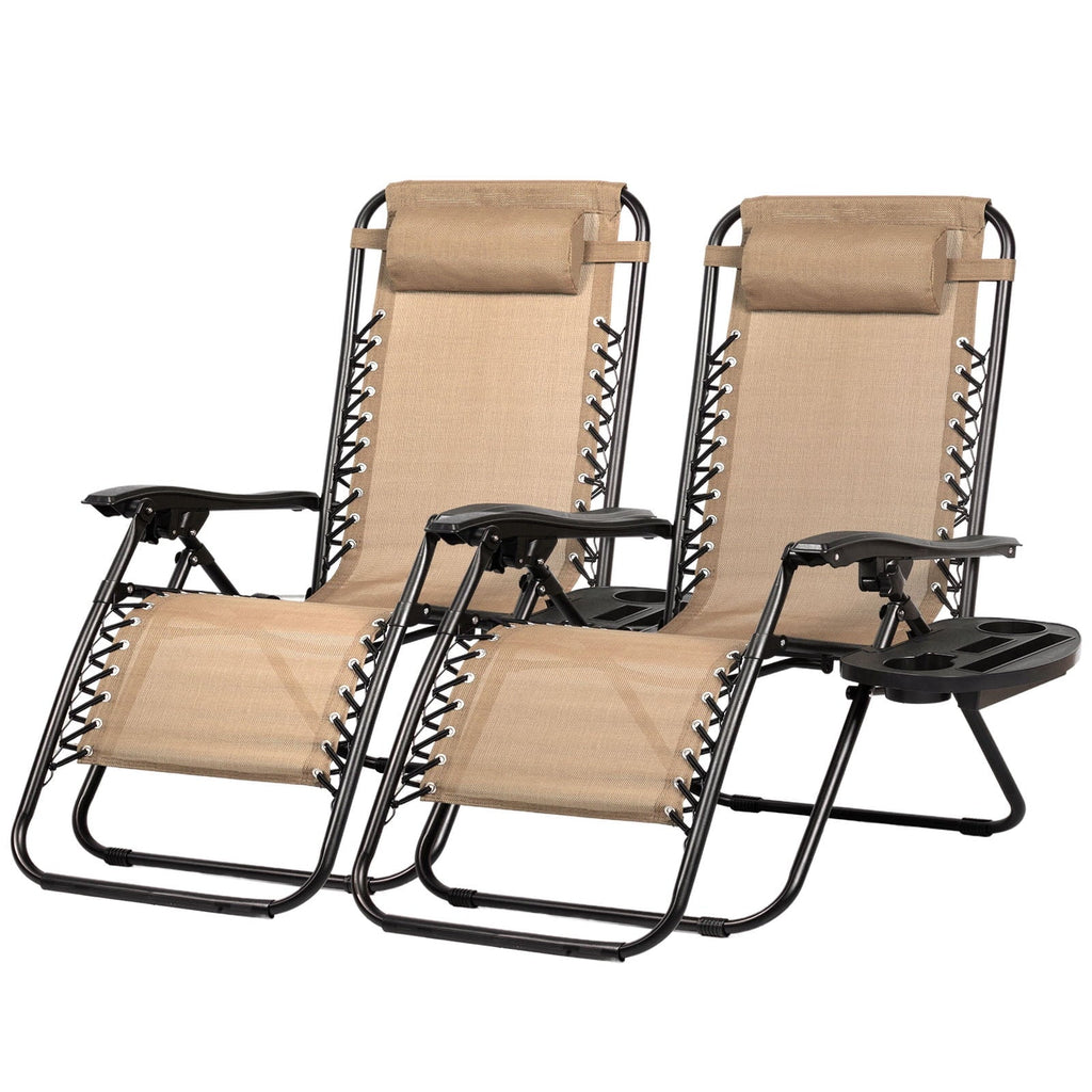 Set of 2 Adjustable Steel Mesh Zero Gravity Lounge Chair Recliners with Pillow and Cup Holder S388