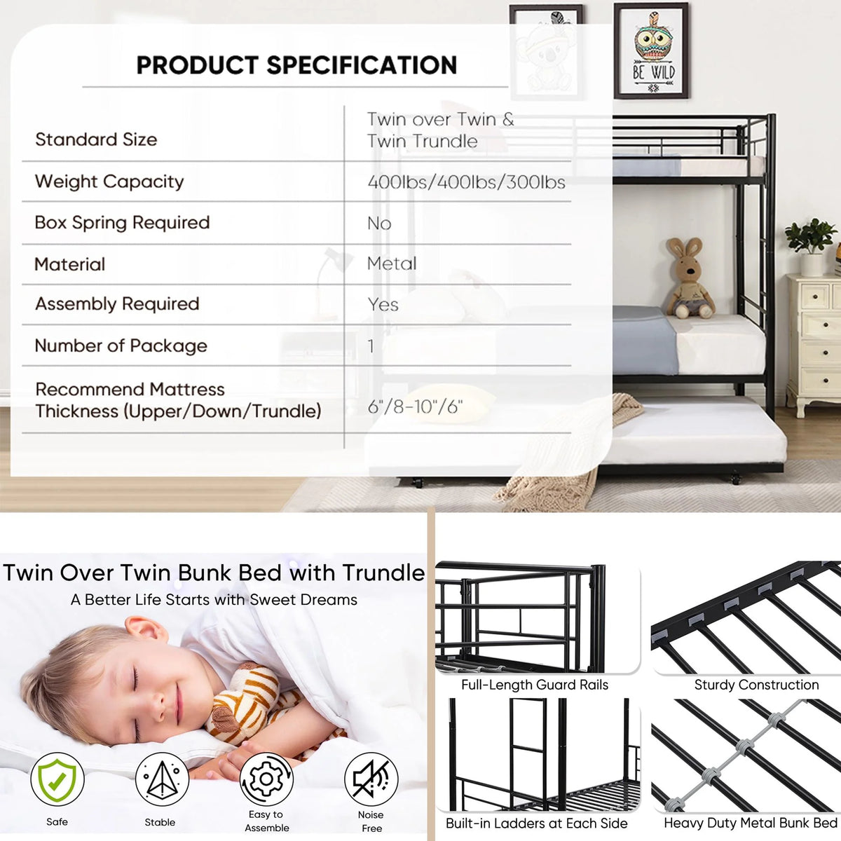 Black Twin Over Twin Metal Bunk Bed with Trundle and Safety Rails P7702