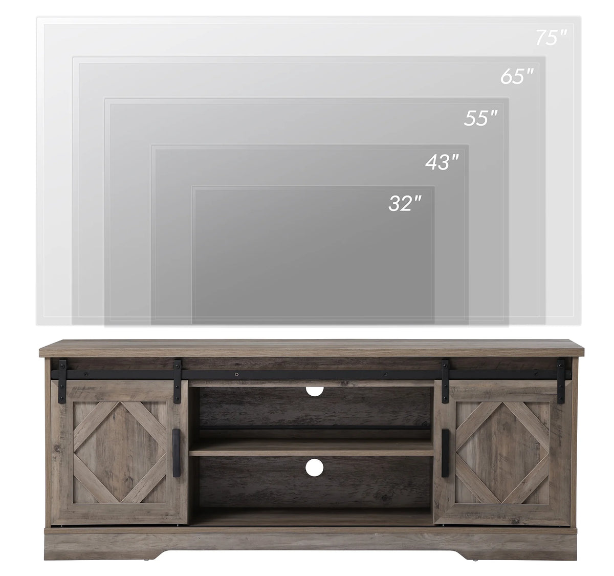 Farmhouse TV Stand up to 70" Barn Door Media Console Storage Cabinet in Gray W5451
