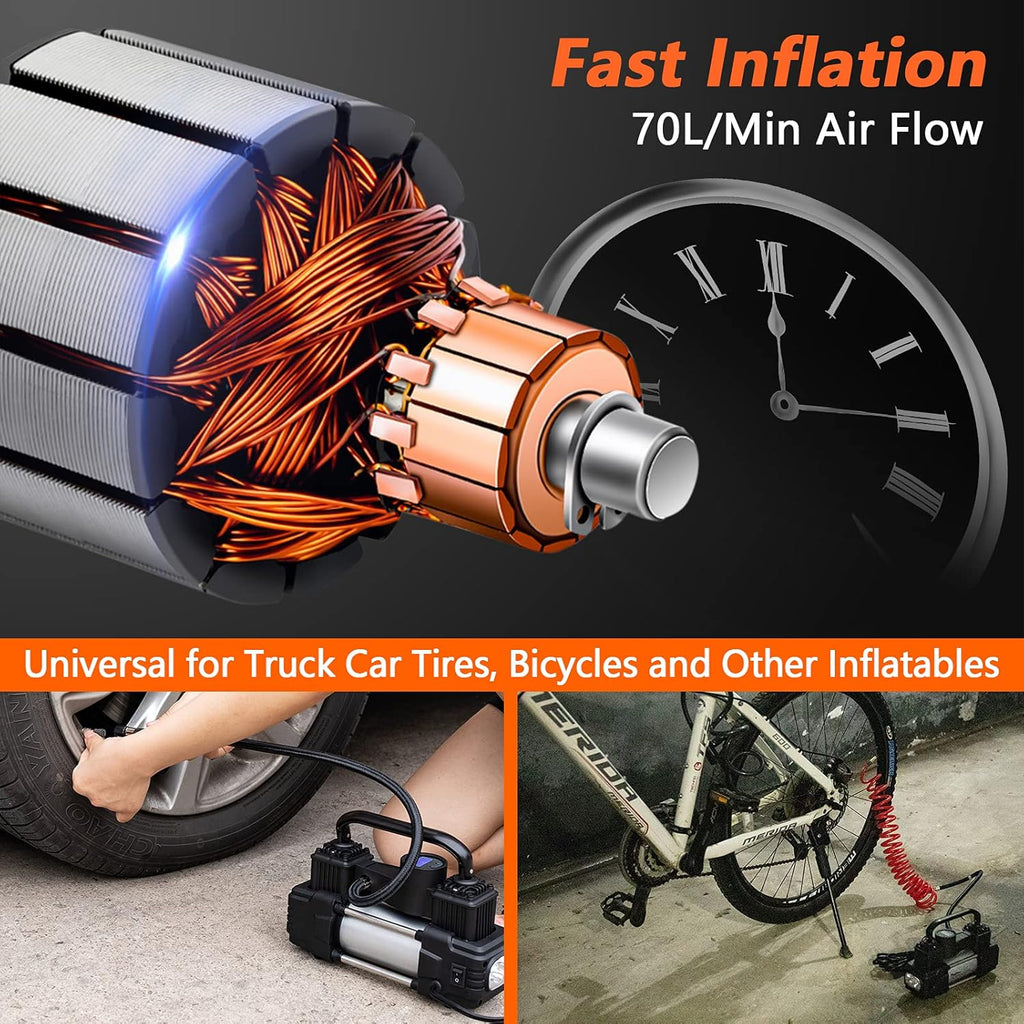 12V Double Cylinder Portable Air Compressor Tire Inflator with Pressure Gauge F387