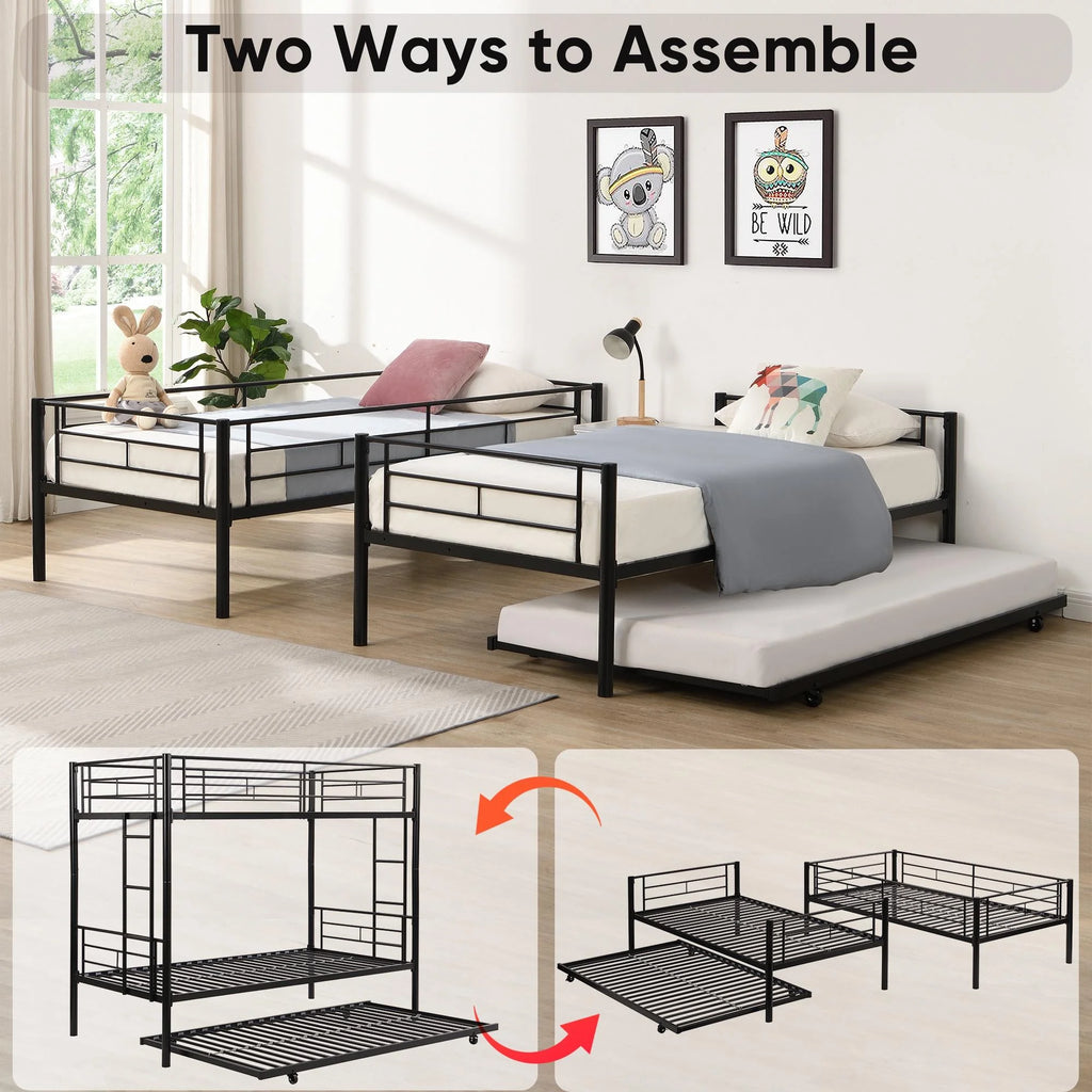 Black Twin Over Twin Metal Bunk Bed with Trundle and Safety Rails P7702