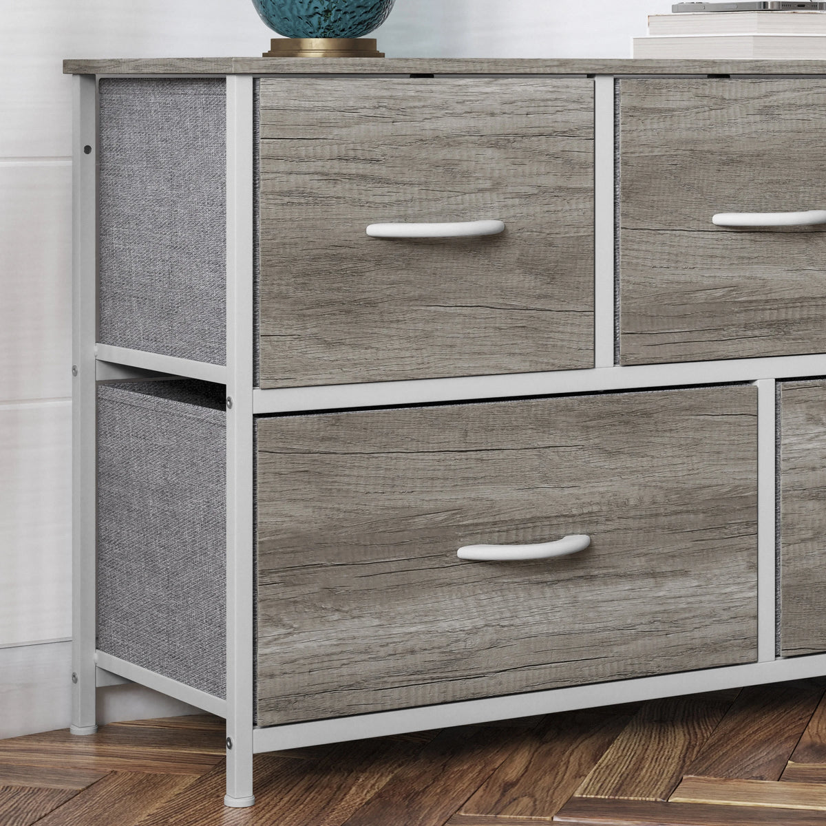 5 Drawer Storage Dresser with White Cast Iron Frame and Light Natural Wood Top J22699