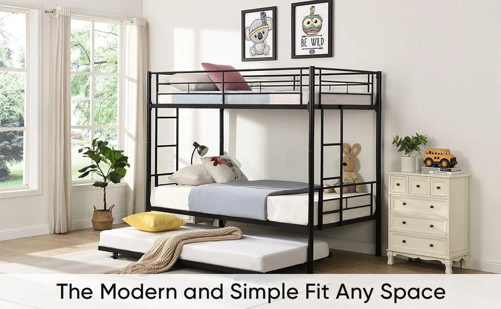 Black Twin Over Twin Metal Bunk Bed with Trundle and Safety Rails P7702