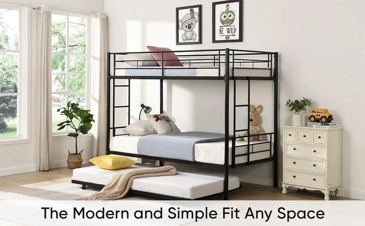 Black Twin Over Twin Metal Bunk Bed with Trundle and Safety Rails P7702