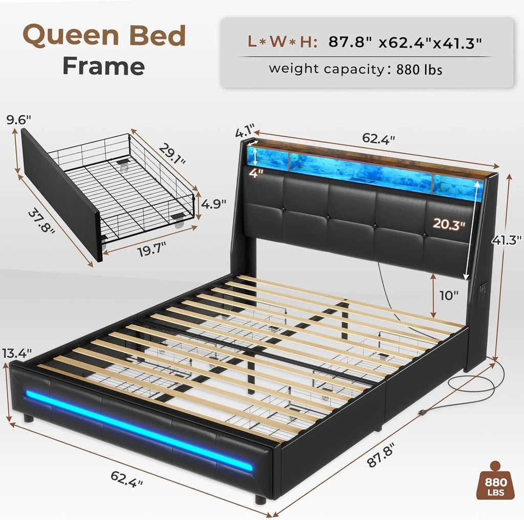 Black Queen Size Upholstered Platform Bed Frame with 4 Drawers N9574