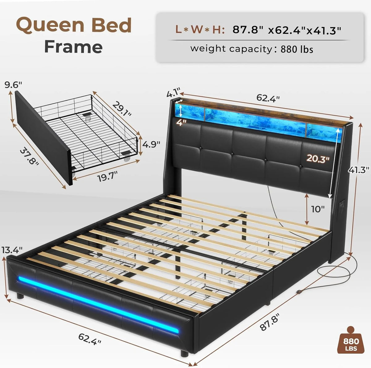 Black Queen Size Upholstered Platform Bed Frame with 4 Drawers N9574