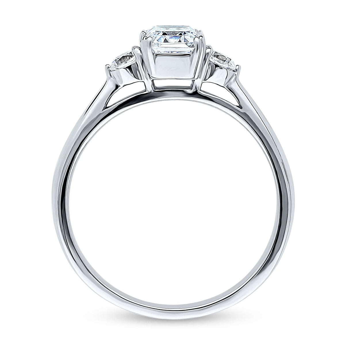 Sterling Silver 3-Stone Emerald Cut Cubic Zirconia Ring, Rhodium Plated Size 4.5 D11204