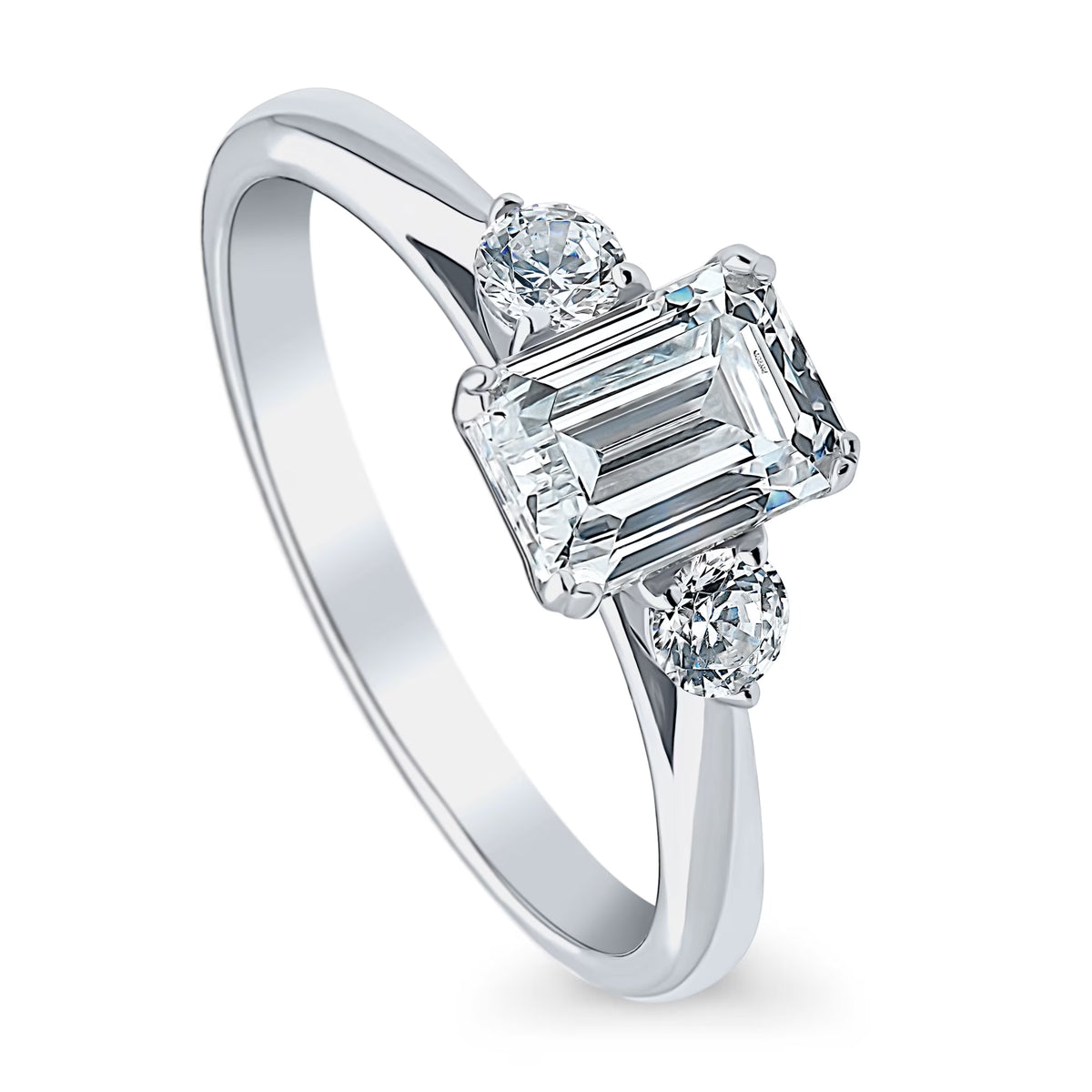 Sterling Silver 3-Stone Emerald Cut Cubic Zirconia Ring, Rhodium Plated Size 4.5 D11204
