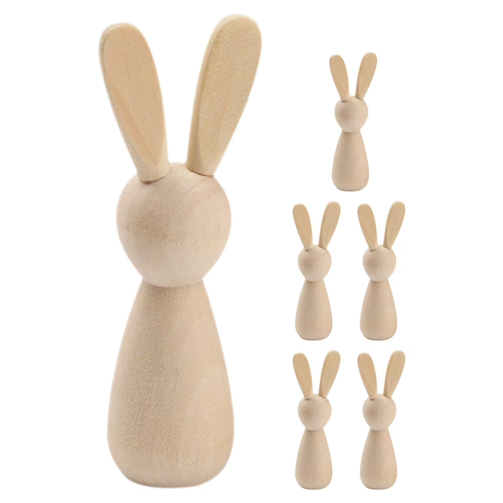 6Pcs Unpainted Natural Wooden Bunny Dolls U285